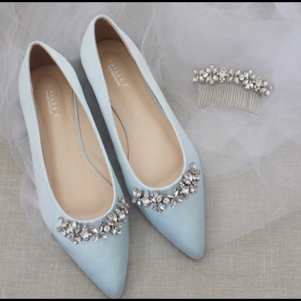 Blue Satin Rhinestone Pointed Flats